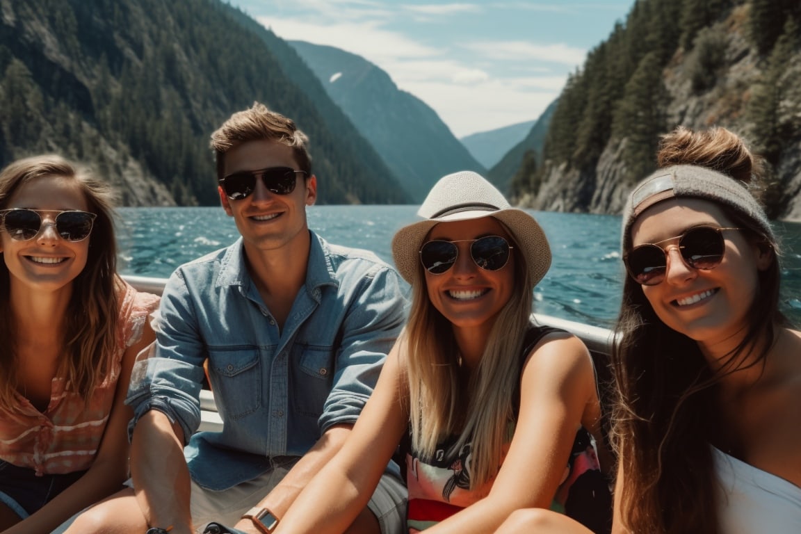 Four young adults smiling on a boat